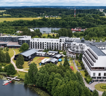 Aerial hotel complex beside the lake